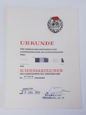 DDR Kampfgruppen Urkunde für Schießabzeichen in Silber 1983