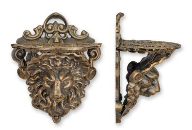Eine Wandkonsole aus Gusseisen in Form eines Löwenkopfes – in Bronzeoptik Replikat Re