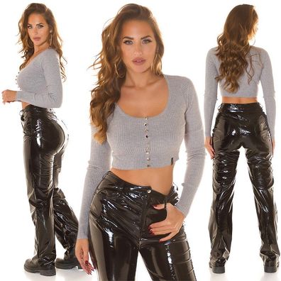 SeXy Miss Damen Crop langarm Shirt Ripp Strick Pulli bauchfrei Knöpfe 34/36/38