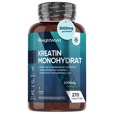 Creatin Monohydrat Tabletten - 3000mg pro Portion - 270 Kreatin Vegan Tablets