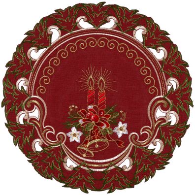 Tischdecke Weihnachten Deckchen Rund 40 cm Tischwäsche Dunkelrot Gold Bestickt