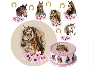 Horse Essbar Pferd Zuckermasse Tortenbild Tortenaufleger + 4 Muffin e08