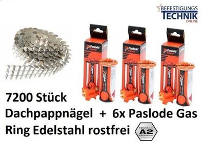 Dachpappnägel 3,1x32mm Ring rostfrei A2 + 6x Gas für Paslode IM45CW 7,2M