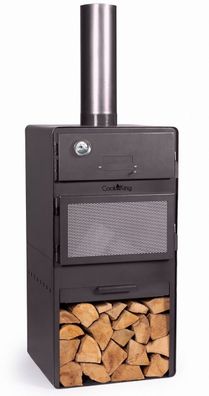 Gartenkamin Vento Pizza-Gartenofen H 150 cm zum Grillen Heizen mit Backfach Holzregal