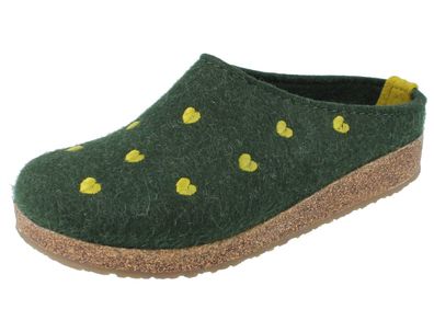 Haflinger Grizzly Cuoricino Damen Hausschuhe Clog Pantoffeln grün Herz Wollfilz