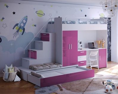 Hochbett Etagenbett Kinderbett MAJA 5 mit Schreibtisch, Kleiderschrank Stockbett
