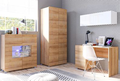 AX LIVING Büro Schrankwand Kossana 8 - Funktional Weiß/Goldene Eiche