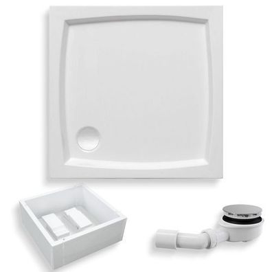 Duschwanne Quadratisch Acryl PATIO 90x90 Weiß Styroporträger | Ablauf & Füße im SET!