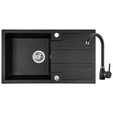 SET Küchenarmatur & Granitspüle 1-Becken Barbados Schwarz 44x76 | Siphon im SET!