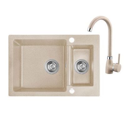 SET Küchenarmatur & Granitspüle 1,5-Becken CELIA Beige 44x65 | Siphon im SET!