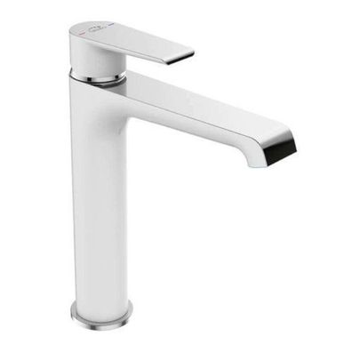 Waschtischarmatur Wasserhahn Hoch LARGO Mischbatterie in Weiß-Silber + Click-Clack