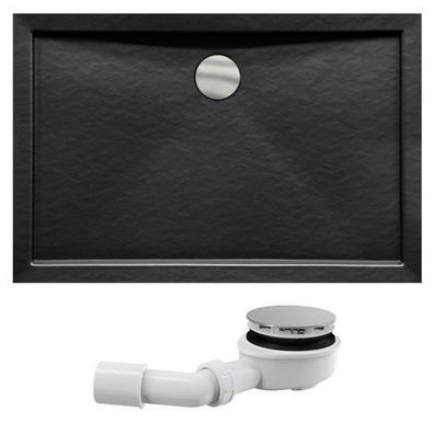 Duschwanne Rechteck Acryl ALPINA 100x80x3,5x14 Schwarz Steinoptik | Ablauf im SET