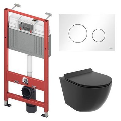 WC SET: Vorwandelement TECE + Toilette Rolo Schwarz+Matte+Betätigungsplatte in Weiß