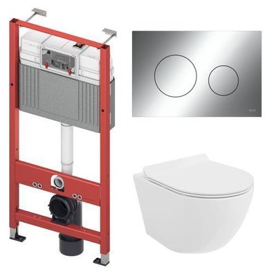 WC SET: Vorwandelement TECE + Toilette Rolo Weiß + Matte + Betätigungsplatte in Chrom
