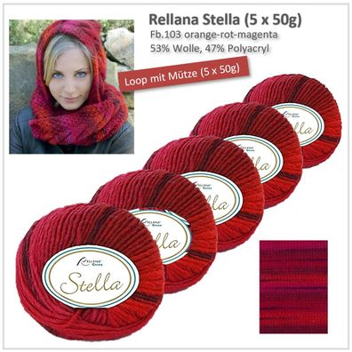 250g Rellana "Stella" - (5 x50g) rot-magenta - Farbverlaufsgarn mit Wolle