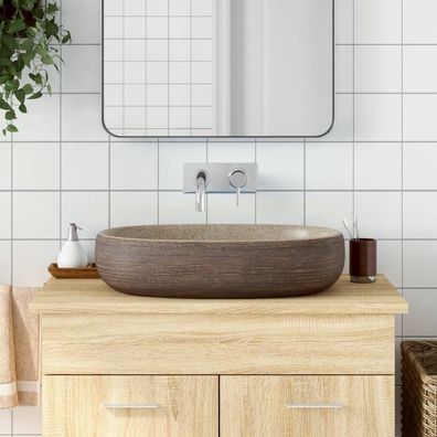Aufsatzwaschbecken Oval 59x40x14 cm Keramik Sandbraun/Braun handgefertigt