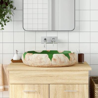 Aufsatzwaschbecken Oval 59x40x15 cm Keramik Grün/Braun handgefertigt