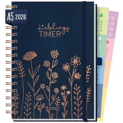 Lieblings-Timer Deluxe 2026 / A5 / Fine Flowers night blue / Häfft-Verlag