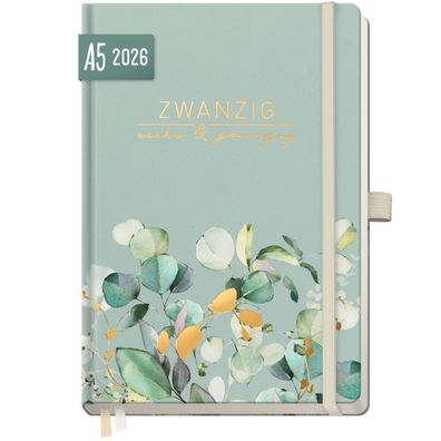 Wochen-Notiz-Timer Classic 2026 / A5 / Minty Leaves / Häfft-Verlag