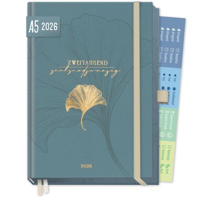 Organizer Day by Day Deluxe 2026 - 1 Tag/Seite / A5 / Blue Ginkgo / Häfft-Verlag