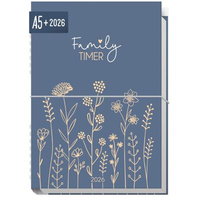 Family-Timer 2026 / A5+ / Fine Flowers Blue / Häfft-Verlag