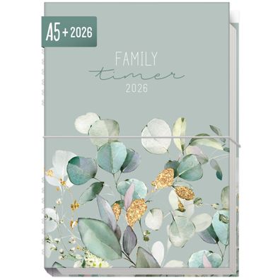 Family-Timer 2026 / A5+ / Minty Leaves / Häfft-Verlag