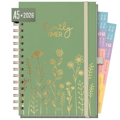 Family-Timer 2026 Deluxe / A5+ / Fine Flowers green / Häfft-Verlag