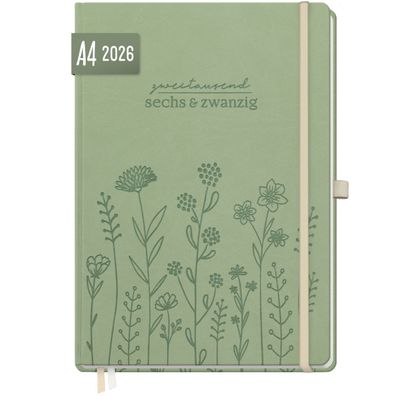 Wochen-Notiz-Timer Maxi 2026 / A4 / Fine Flowers Salbei / Häfft-Verlag
