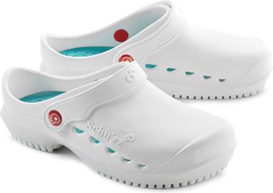 Schu'zz Schuzz Damen Clog Berufsschuhe PROTEC Femme uni Blanc &amp; Bleu pétrole