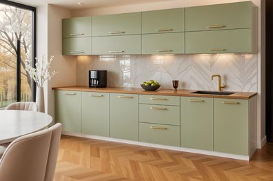 Küchenzeile VERO 260 cm Salbeigrün -ABS Kanten- Küche 2,6m, Einbauküche