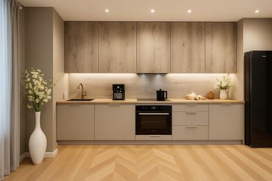 Küchenzeile Linea 300 Kaschmir, Halifax Eiche Weiß-Soft Close-Premium Box-Küche 3m