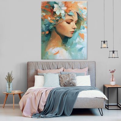Leinwandbild Frau Porträt Blau Weiß Leinwand Bilder Wanddeko Wohnzimmer Schlafzimmer