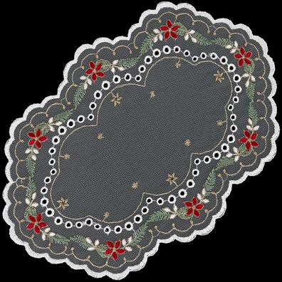 Tischläufer Weihnachten Plauener Spitze Deckchen Tüll Stickerei Gold Oval 20x30