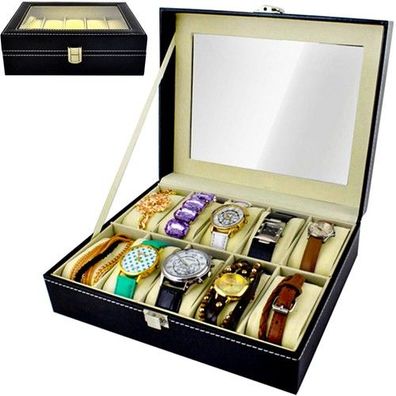 Uhrenbox Organizer für 10 Uhren Schmuck Aufbewahrung Glasdeckel Schwarz
