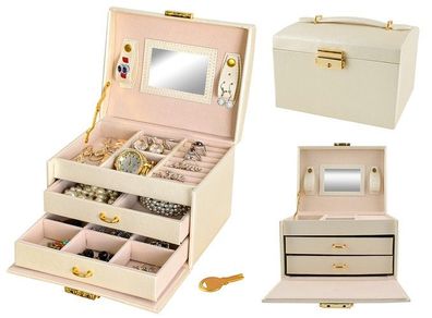 Schmuckkasten Satin abschließbar 20 Fächer Schmuckbox mit Spiegel Beige