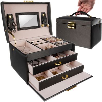 Schmuckkasten Satin Schwarz abschließbar 20 Fächer Schmuckbox mit Spiegel