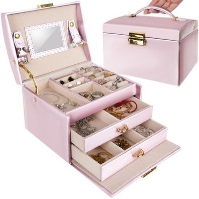 Schmuckkasten Satin Rosa abschließbar 20 Fächer Schmuckbox mit Spiegel