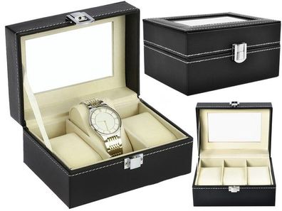 Uhrenbox Organizer 3 Fächer Schmuckkästchen Schwarz Glasdeckel Geschenkidee