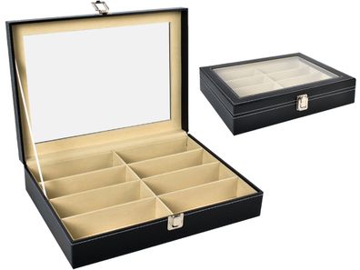 Brillenbox Organizer 8 Fächer Sonnenbrillenetui Schwarz Glasdeckel Aufbewahrung