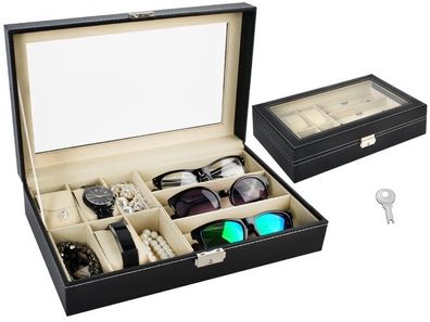 Uhren Brillen Organizer Box 6 Uhren 3 Brillen Schwarz Glasdeckel abschließbar