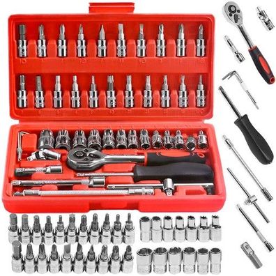 Steckschlüssel Set 46 tlg Ratschenkasten Chrom-Vanadium Werkzeugkoffer