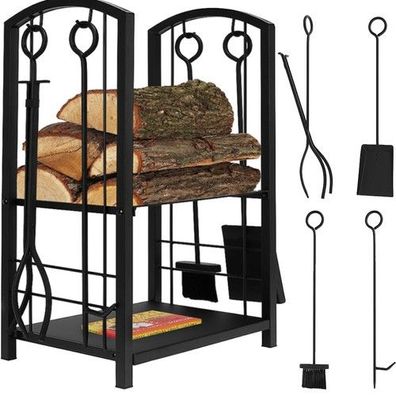 Holzständer Kamin mit Zubehör Kaminbesteck Regal Schaufel Besen Zange Haken
