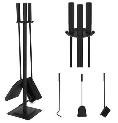 Kaminbesteck Set 4-teilig Schaufel Besen Schürhaken Ständer schwarz matt