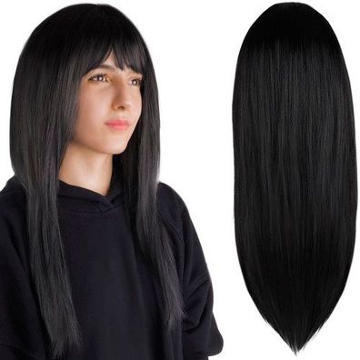 Lange Damenperücke Schwarz 67cm mit Pony Kunsthaar Perücke Universalgröße