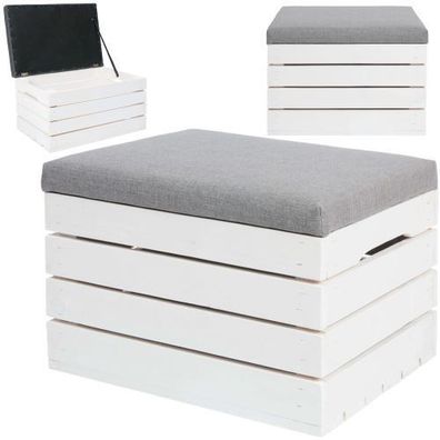 Holzhocker Truhe Sitzbank mit Stauraum 40x50x35cm gepolstert grau/weiß