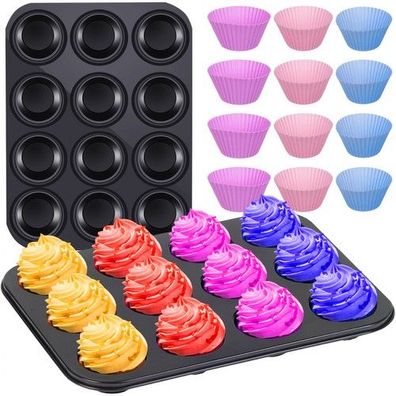 Muffin Backblech mit 12 Silikonformen Teflon Antihaft Backform Cupcake