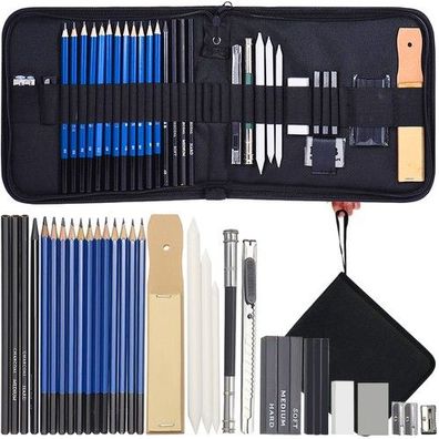 Zeichen Set Skizzenset 32 tlg Bleistifte Kohle Radierer Künstler Zubehör Etui