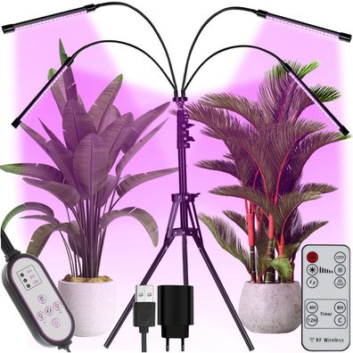 Pflanzenlampe LED Grow Lampe 4 Köpfe Stativ Timer Pflanzenlicht rot blau dimmbar