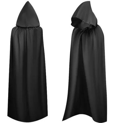 Langer Umhang mit Kapuze schwarz Kostüm Hexe Vampir Magier Halloween Karneval