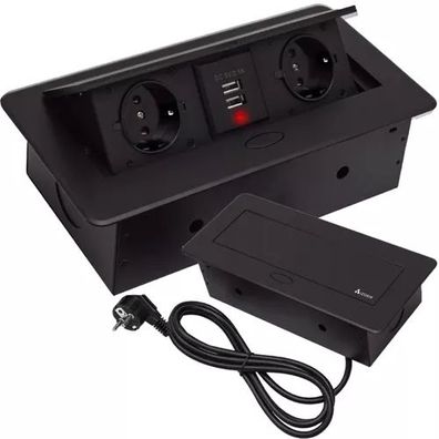 Einbausteckdose versenkbar 2x Schuko 2x USB Arbeitsplatte Tischdose Schwarz
